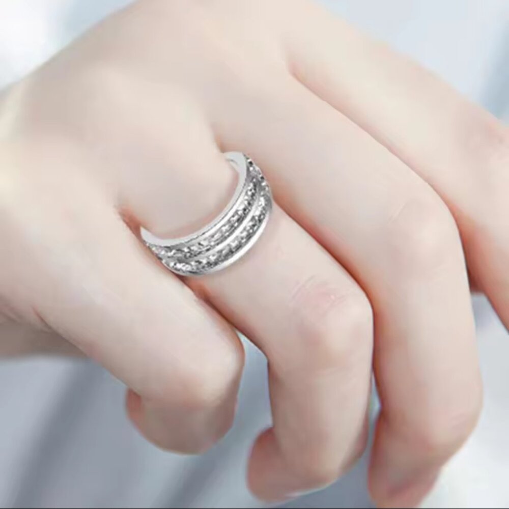 Double row square zircon silver stainless steel ring - Picture 4 of 4